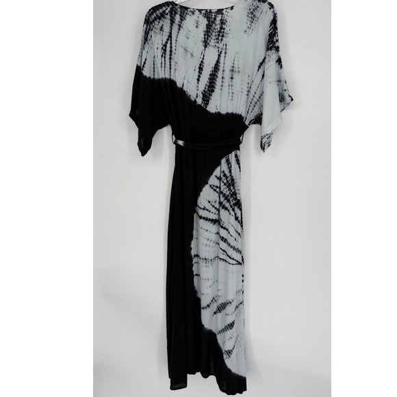 Japna Tie Dye Maxi Dress Kimono Sleeve Belted Boho Festival Black Gray M 101-00 - Picture 6 of 13